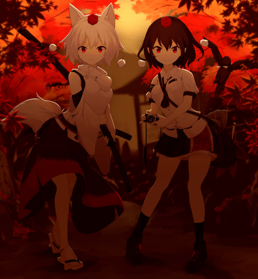 2girls animal_ears autumn bag bare_legs bird black_hair black_legwear black_skirt breasts camera closed_mouth crow geta hat highres holding holding_camera inubashiri_momiji looking_at_viewer medium_breasts miniskirt multiple_girls outdoors pigeon-toed red_eyes shameimaru_aya sheath sheathed short_sleeves shoulder_bag skirt smile socks standing sunset sword tail tokin_hat touhou weapon white_hair wide_sleeves wolf_ears wolf_tail yukihiko_(sky_sleep)