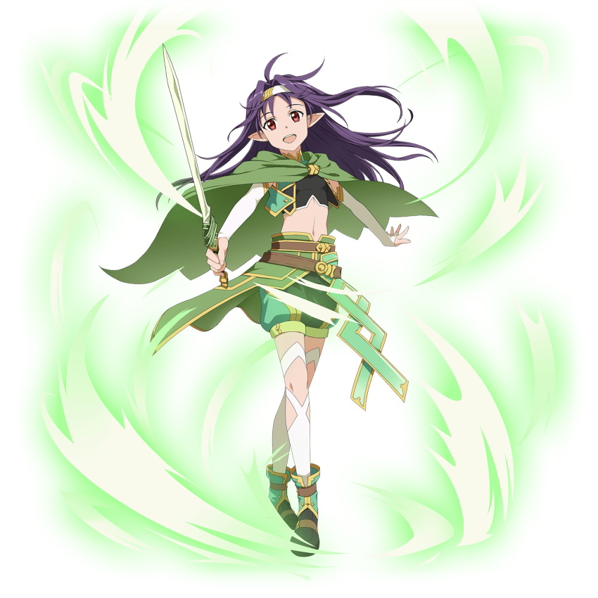 1girl beltskirt boots bridal_gauntlets cloak floating_hair full_body hairband highres holding holding_sword holding_weapon long_hair looking_at_viewer midriff navel official_art open_mouth pointy_ears purple_hair red_eyes round_teeth shorts solo sword sword_art_online teeth thigh-highs transparent_background weapon white_legwear wind wind_lift yuuki_(sao)