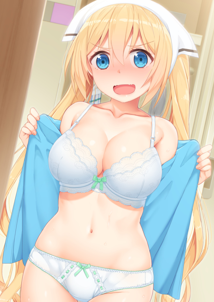 1girl :d bangs bare_shoulders blend_s blonde_hair blue_eyes blue_shirt blush bow bow_bra bow_panties bra breasts cleavage collarbone cowboy_shot dutch_angle green_bow hair_between_eyes head_scarf highres hinata_kaho large_breasts long_hair looking_at_viewer navel nose_blush off_shoulder open_clothes open_mouth open_shirt panties ribbon-trimmed_panties ringed_eyes shiny shiny_hair shiny_skin shirt smile solo standing stomach sweat tachimi_(basue) tareme twintails underwear undressing v-shaped_eyebrows very_long_hair white_bra white_panties