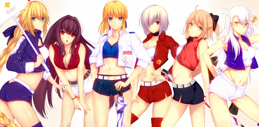 6+girls ahoge artoria_pendragon_(all) belt black_bow black_hair black_shorts blonde_hair blue_eyes blue_legwear blue_ribbon blue_shorts blush boots bow bracelet braid breasts brown_hair cleavage cowboy_shot crop_top fate/grand_order fate_(series) groin hair_between_eyes hair_bow hair_ribbon hand_on_hip highres holding holding_umbrella iro_(sekaixiro) jacket jewelry large_breasts leaning_forward long_hair looking_at_viewer medium_breasts midriff multiple_girls navel olga_marie_animusphere open_clothes open_jacket open_mouth orange_eyes racequeen red_boots red_eyes red_shorts ribbon ruler_(fate/apocrypha) saber sakura_saber scathach_(fate/grand_order) shielder_(fate/grand_order) shiny shiny_skin short_hair short_hair_with_long_locks short_ponytail short_shorts shorts sidelocks silver_hair single_braid sleeveless standing stomach thigh-highs thigh_boots umbrella very_long_hair violet_eyes white_jacket white_shorts