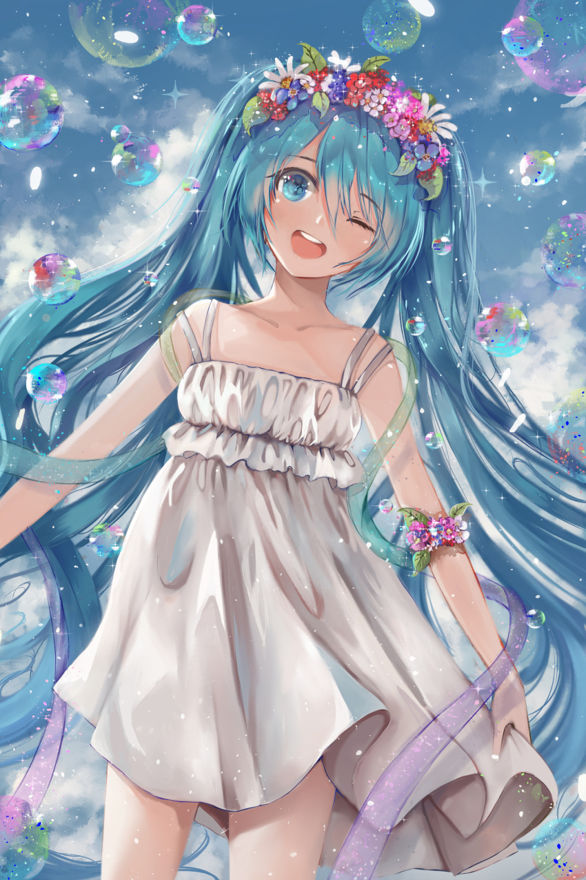 1girl ;d blue_hair bubble collarbone dress eyebrows_visible_through_hair floating_hair hair_between_eyes hatsune_miku head_tilt head_wreath highres long_hair one_eye_closed open_mouth short_dress skirt_hold sleeveless sleeveless_dress smile solo sparkle standing twintails very_long_hair vocaloid white_dress z_z