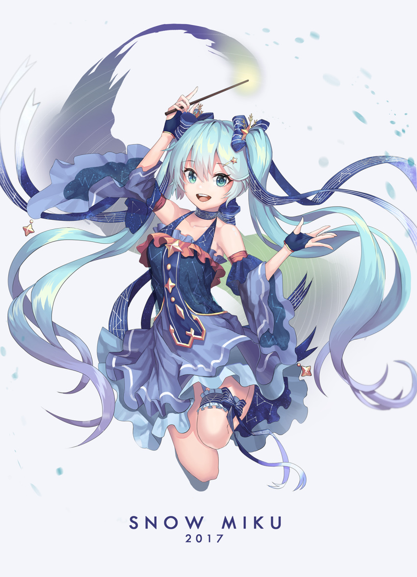 1girl 2017 :d arm_up blue_dress blue_gloves blue_hair blue_ribbon bridal_gauntlets character_name choker collarbone detached_sleeves dress eyebrows_visible_through_hair floating_hair full_body garters gloves green_eyes hair_between_eyes hair_ornament hair_ribbon hatsune_miku highres layered_dress long_hair open_mouth renyuel ribbon ribbon_choker sleeveless sleeveless_dress smile solo star star_hair_ornament striped striped_ribbon twintails very_long_hair vocaloid yuki_miku