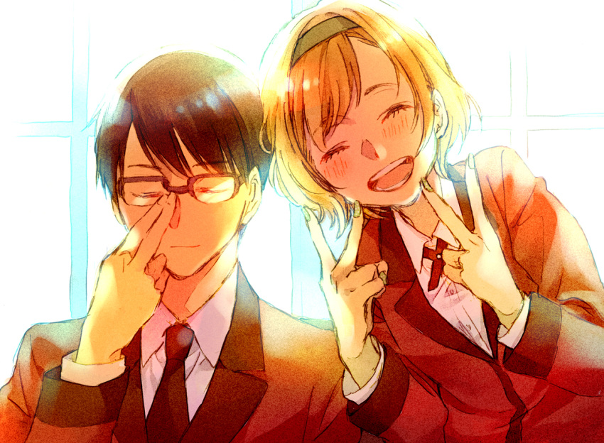 1boy 1girl :d ^_^ adjusting_glasses backlighting bangs blazer blonde_hair blush closed_eyes closed_mouth collared_shirt double_v eyebrows_visible_through_hair glasses hairband jacket kakegurui leaning_to_the_side long_sleeves manyuda_kaede necktie numa_chiyoko open_mouth over-rim_glasses school_uniform semi-rimless_glasses shirt short_hair sketch smile smirk sumeragi_itsuki swept_bangs v white_shirt window wing_collar