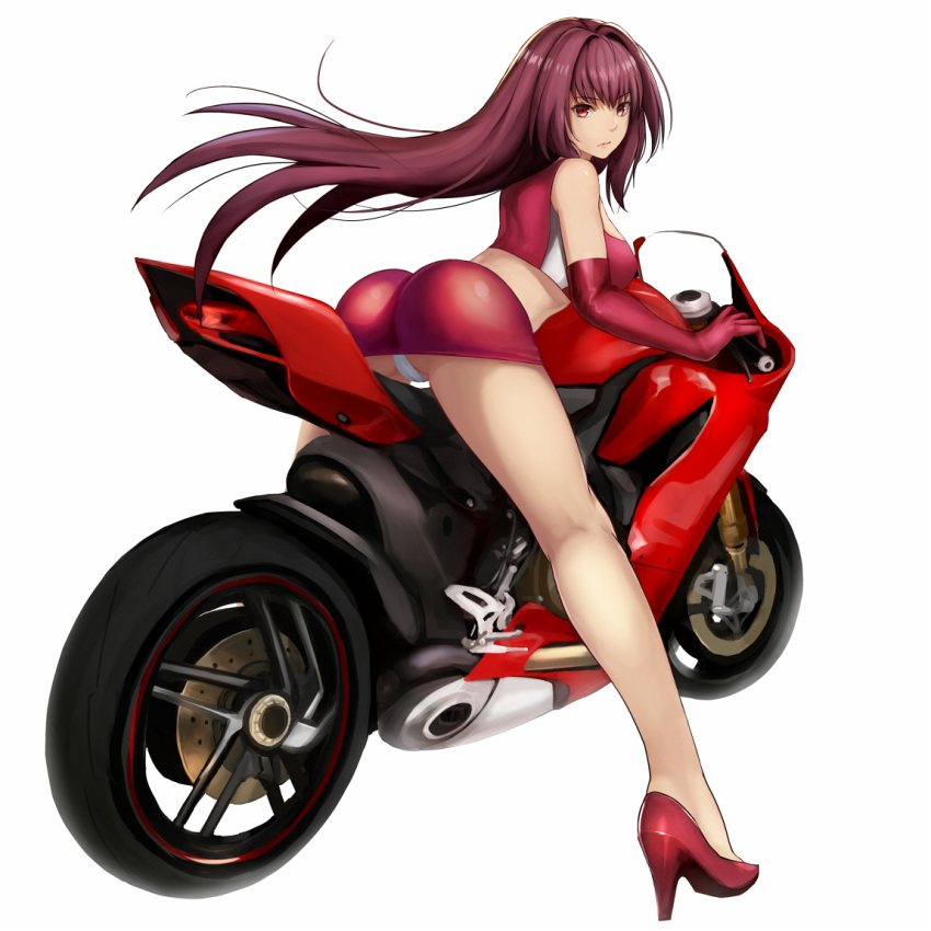 1girl alternate_costume ass bangs bare_legs breasts closed_mouth crotch_seam eyebrows eyebrows_visible_through_hair fate/grand_order fate_(series) floating_hair from_behind full_body gloves ground_vehicle high_heels jilllxlxl large_breasts leaning_forward long_hair looking_at_viewer looking_back midriff miniskirt motor_vehicle motorcycle panties pantyshot pink_lips purple_hair racequeen red_eyes red_gloves red_shoes red_skirt riding scathach_(fate/grand_order) shoes simple_background skirt sleeveless solo underwear upskirt white_background white_panties