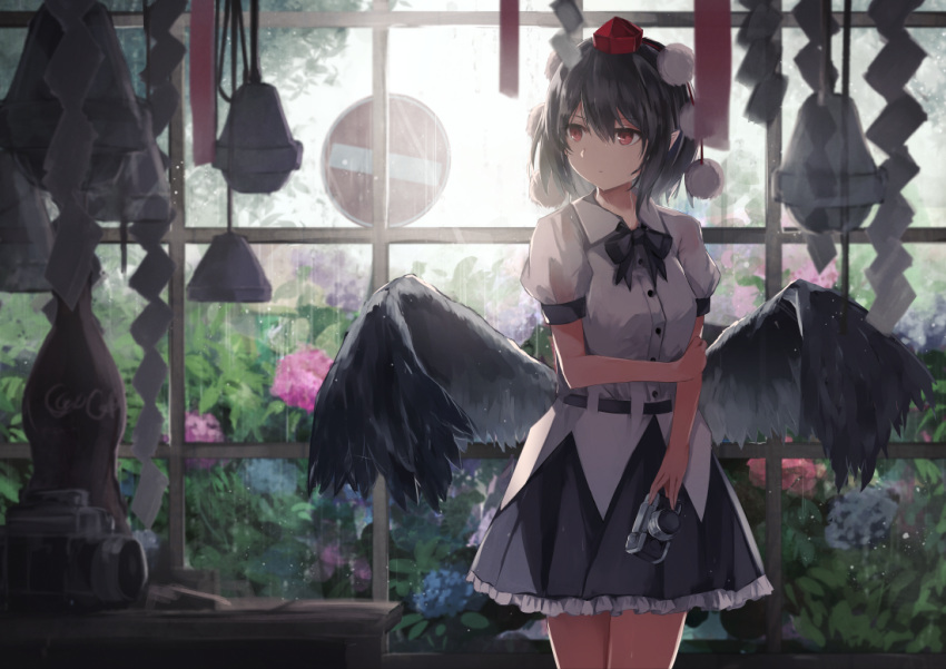 1girl bangs bare_arms bell black_bow black_bowtie black_hair black_skirt black_wings bow bowtie camera day desk flower hat holding holding_camera indoors looking_away plant pointy_ears pom_pom_(clothes) rain red_eyes road_sign shameimaru_aya shide shirt short_hair short_sleeves sign skirt solo standing thkani tokin_hat touhou white_shirt window wings