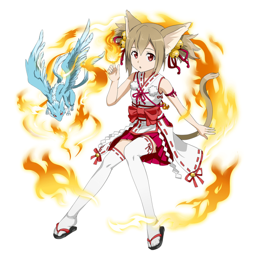 1girl :o animal_ears arm_ribbon bell brown_hair cat_ears cat_tail fire hair_bell hair_ornament highres japanese_clothes jingle_bell magic miko official_art pina_(sao) red_eyes ribbon ribbon-trimmed_legwear ribbon_trim sandals short_hair short_twintails silica sleeveless solo sword_art_online tail thigh-highs transparent_background twintails
