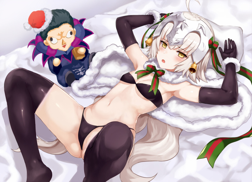 /\/\/\ 1girl :o ahoge armpits ass bandeau bangs bell bikini black_bikini black_gloves black_legwear blush bow bowtie breasts capelet caster_(fate/zero) character_doll christmas elbow_gloves eyebrows eyebrows_visible_through_hair fate/grand_order fate_(series) gloves hair_bow hair_ribbon hat headpiece jeanne_alter jeanne_alter_(santa_lily)_(fate) jilllxlxl knees_up long_hair looking_at_viewer lying navel no_shoes on_back ribbon ruler_(fate/apocrypha) santa_hat shadow skindentation small_breasts solo spread_legs stomach striped striped_bow striped_bowtie swimsuit thigh-highs thong_bikini under_boob very_long_hair white_hair wrist_cuffs yellow_eyes
