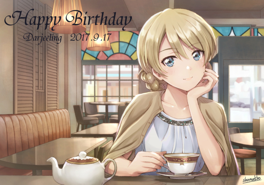 1girl artist_name bangs blonde_hair blue_eyes braid cafe casual ceiling_light chair character_name closed_mouth collarbone commentary_request cup darjeeling dated dress eyebrows_visible_through_hair fingernails girls_und_panzer hair_between_eyes hand_on_own_chin happy_birthday head_rest holding holding_cup indoors looking_at_viewer reflection road_sign saucer shamakho short_hair sign signature smile solo table teacup teapot unbuttoned white_dress window wooden_chair wooden_table