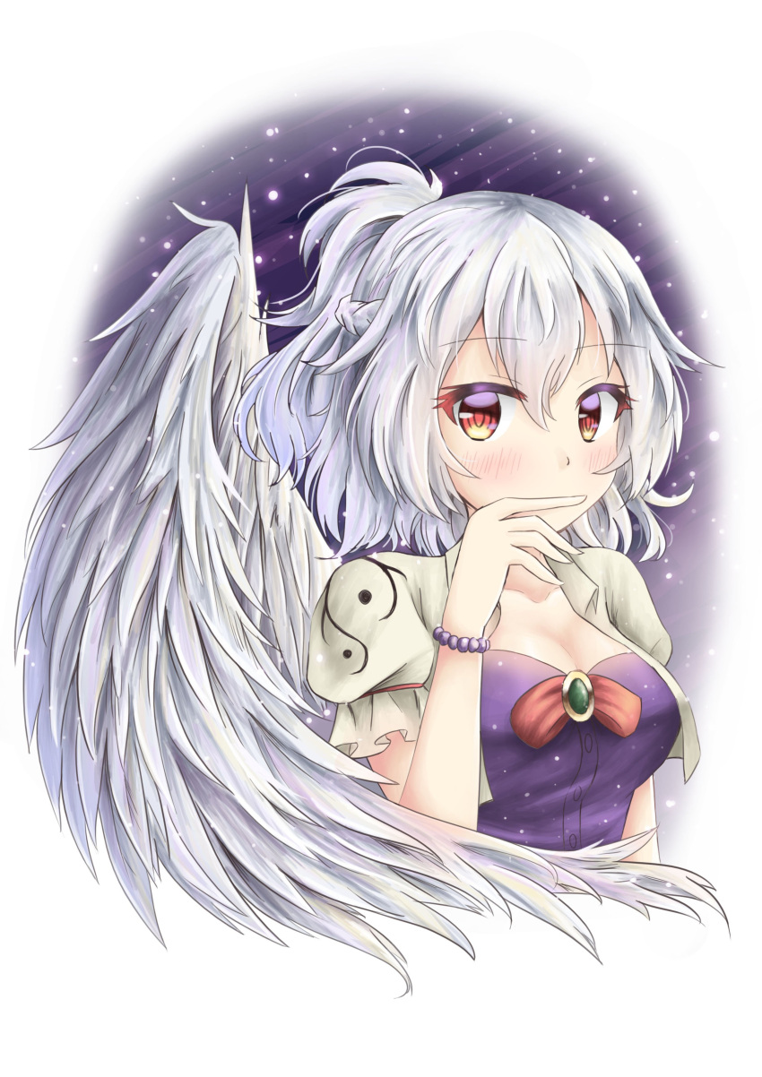 1girl absurdres akiteru98 blush braid breasts cleavage covered_mouth feathered_wings highres jewelry kishin_sagume looking_at_viewer medium_breasts puffy_short_sleeves puffy_sleeves red_eyes ribbon short_hair short_sleeves silver_hair simple_background single_wing solo touhou upper_body white_wing wings