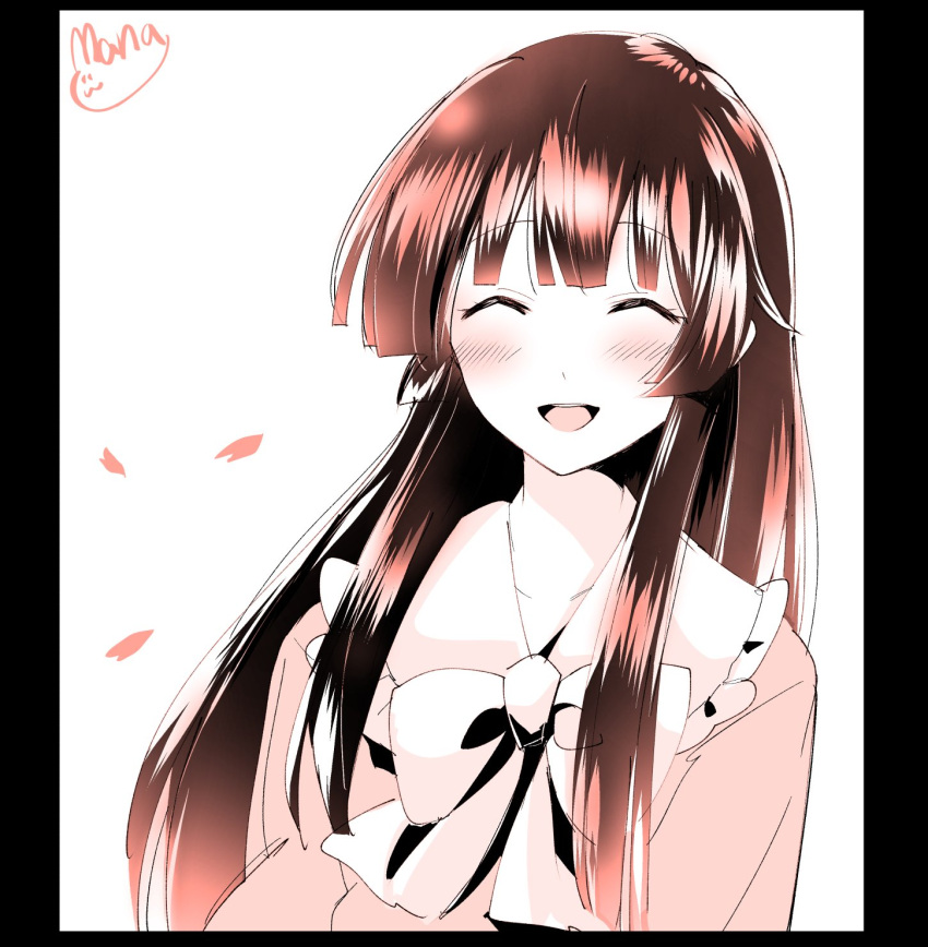 1girl :3 ^_^ artist_name blush bow closed_eyes dress highres hime_cut houraisan_kaguya mana_(tsurubeji) monochrome open_mouth petals signature simple_background sketch smile solo touhou translation_request white_background