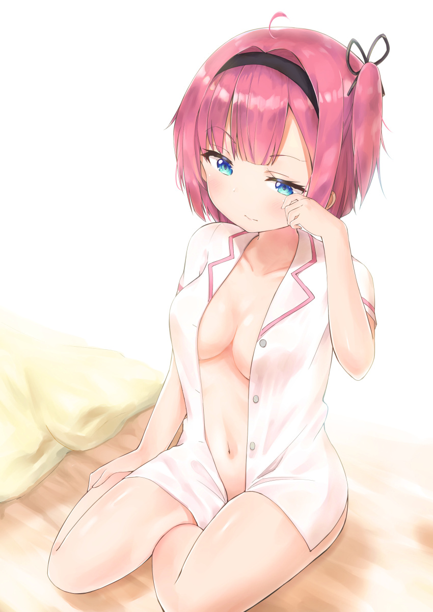 1girl absurdres blue_eyes breasts cleavage collarbone commentary_request hair_ribbon hairband highres medium_breasts mochizuki_momiji navel new_game! no_bra open_clothes open_shirt pink_hair racchi. ribbon shirt short_hair sitting solo