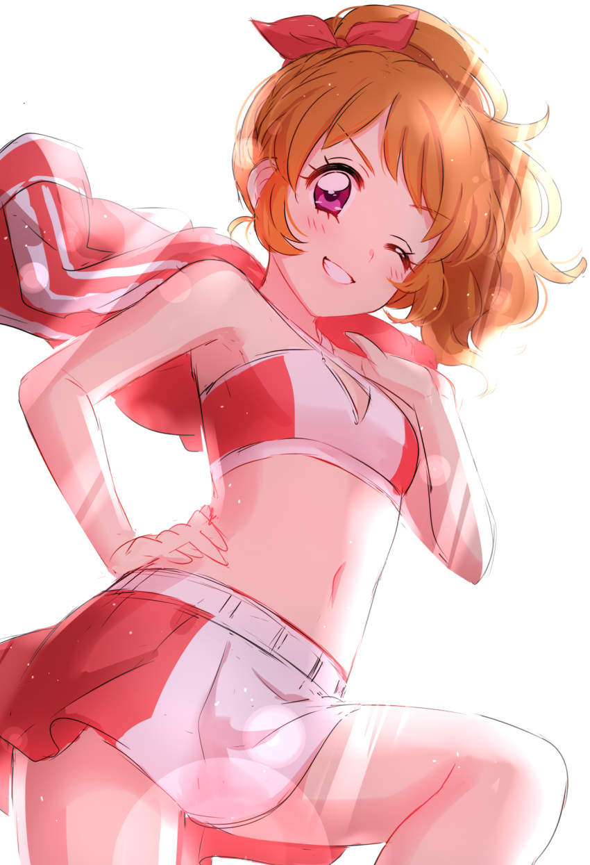 &gt;:d 1girl :d aikatsu! bangs bare_arms bare_shoulders blush breasts cheerleader cowboy_shot eyebrows_visible_through_hair hand_on_hip highres jacket jacket_removed looking_at_viewer midriff navel one_eye_closed one_leg_raised oozora_akari open_mouth orange_hair pink_eyes ponytail sekina simple_background sketch skirt small_breasts smile solo sunlight white_background