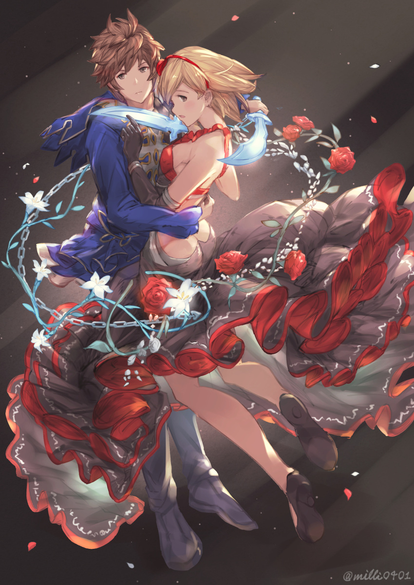 1boy 1girl arms_around_waist bare_shoulders blonde_hair blush brown_eyes brown_hair butt_crack dagger djeeta_(granblue_fantasy) dress elbow_gloves flower gloves gran_(granblue_fantasy) granblue_fantasy high_heels highres looking_at_viewer milli_little open_mouth petals plant rose vines weapon