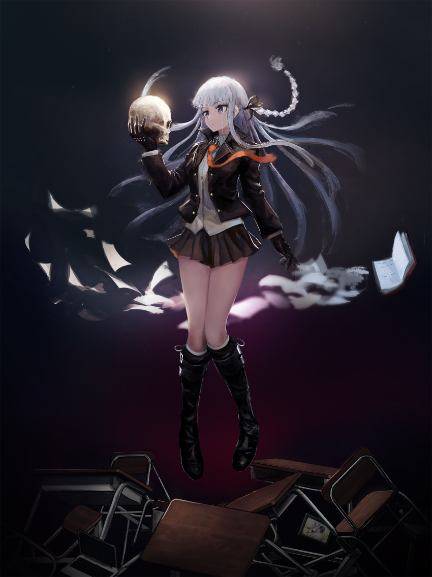 1girl absurdres black_boots black_eyes black_gloves black_jacket black_ribbon black_skirt book boots braid dangan_ronpa dangan_ronpa_1 dress_shirt floating_hair full_body gloves grey_shirt hair_ribbon highres holding_skull jacket kirigiri_kyouko knee_boots long_hair miniskirt necktie open_book open_clothes open_jacket orange_necktie pleated_skirt qosic ribbon shirt silver_hair skirt solo very_long_hair