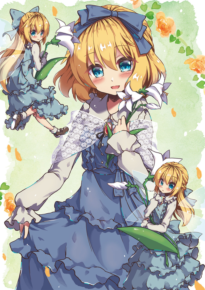 3girls alice_margatroid alternate_costume bangs beni_kurage blonde_hair blue_bow blue_dress blue_eyes blue_ribbon blush bobby_socks bow brooch closed_mouth collar commentary_request dress eyebrows_visible_through_hair flower frilled_collar frilled_dress frills from_behind green_background hair_between_eyes hair_ribbon hand_on_own_chest head_tilt heart highres holding holding_flower jewelry lily_(flower) long_hair long_sleeves looking_at_viewer looking_back mary_janes matching_shanghai multiple_girls open_mouth ribbon shanghai_doll shoes short_hair simple_background skirt_hold sleeves_past_wrists smile socks touhou white_legwear wings