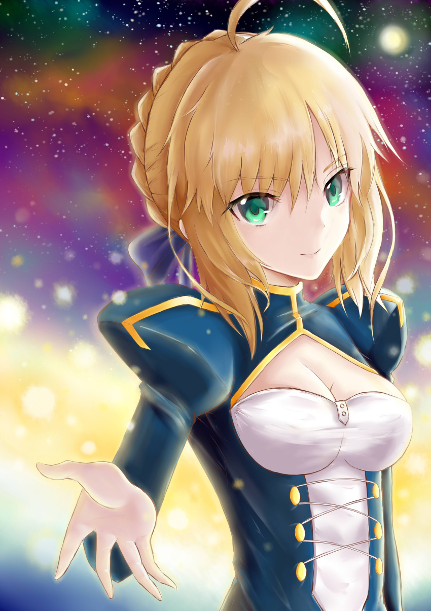 1girl absurdres ahoge artoria_pendragon_(all) blonde_hair blue_ribbon breasts cleavage eyebrows_visible_through_hair fate/stay_night fate_(series) green_eyes hair_between_eyes hair_ribbon highres houjou_minami medium_breasts ribbon saber short_hair_with_long_locks sketch smile solo upper_body