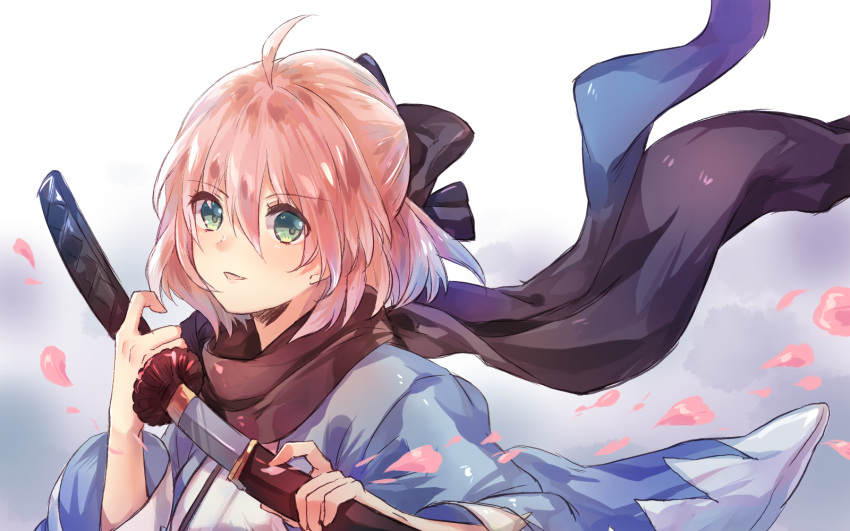 1girl black_scarf brown_hair cherry_blossoms eyebrows_visible_through_hair fate/grand_order fate_(series) green_eyes hair_between_eyes highres holding holding_sword holding_weapon hozumi_rino japanese_clothes katana kimono portrait sakura_saber scarf sheath short_hair solo sword unsheathing weapon white_kimono