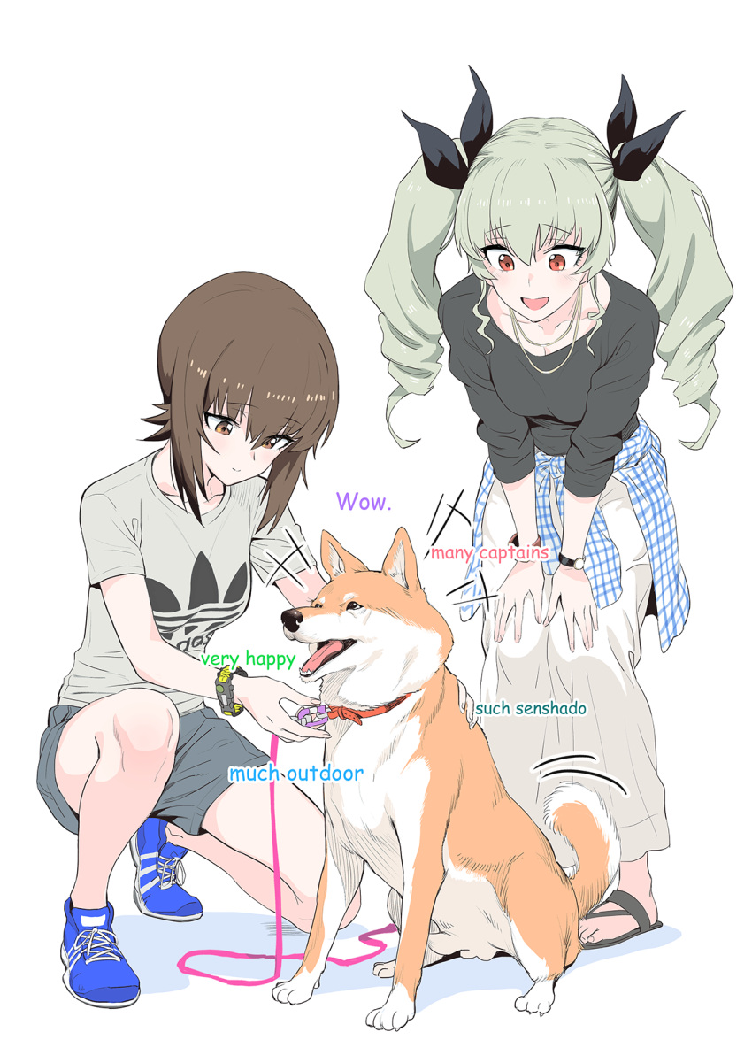 2girls anchovy brown_hair casual contemporary drill_hair english girls_und_panzer green_hair highres ladic leash long_skirt meme multiple_girls nishizumi_maho shiba_inu shirt shorts skirt t-shirt twin_drills