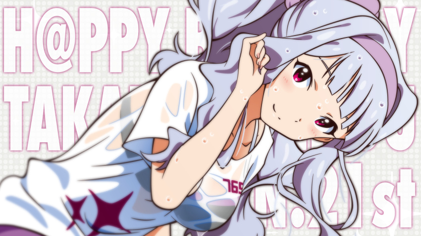 akizuki_ritchan bent_over black_bra blue_hair bra collarbone hairband happy_birthday highres idolmaster long_hair looking_at_viewer purple_hairband red_eyes see-through shijou_takane shirt smile underwear upper_body wet wet_clothes wet_hat wet_shirt white_shirt