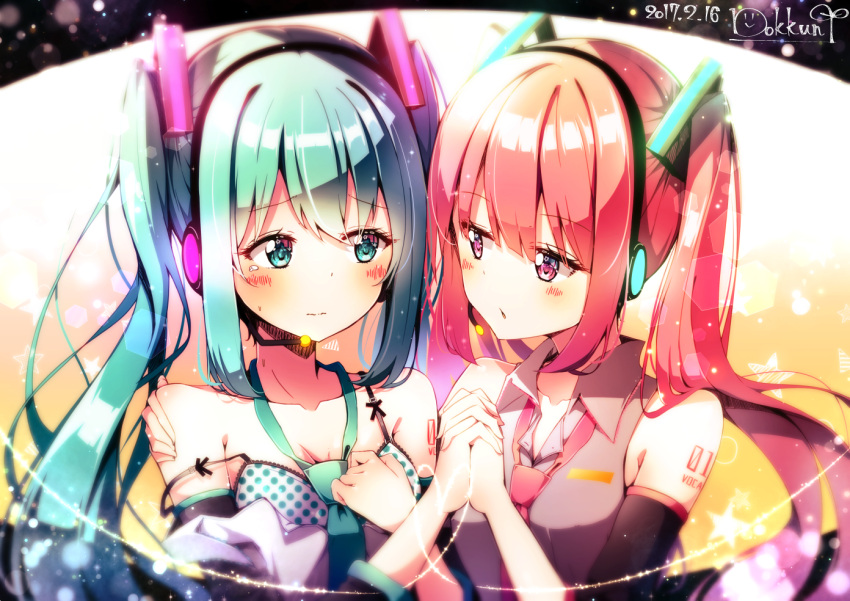 2016 aqua_hair aqua_necktie black_hairband blue_eyes blush bokkun_(doyagaobyo) bra breasts cleavage copyright_name dated detached_sleeves eye_contact eyebrows_visible_through_hair grey_shirt hair_between_eyes hair_ornament hairband hand_holding hand_on_another's_shoulder hatsune_miku headphones interlocked_fingers long_hair looking_at_another microphone necktie pink_eyes polka_dot polka_dot_bra red_necktie redhead shirt signature sleeveless sleeveless_shirt small_breasts tattoo twintails underwear upper_body very_long_hair vocaloid