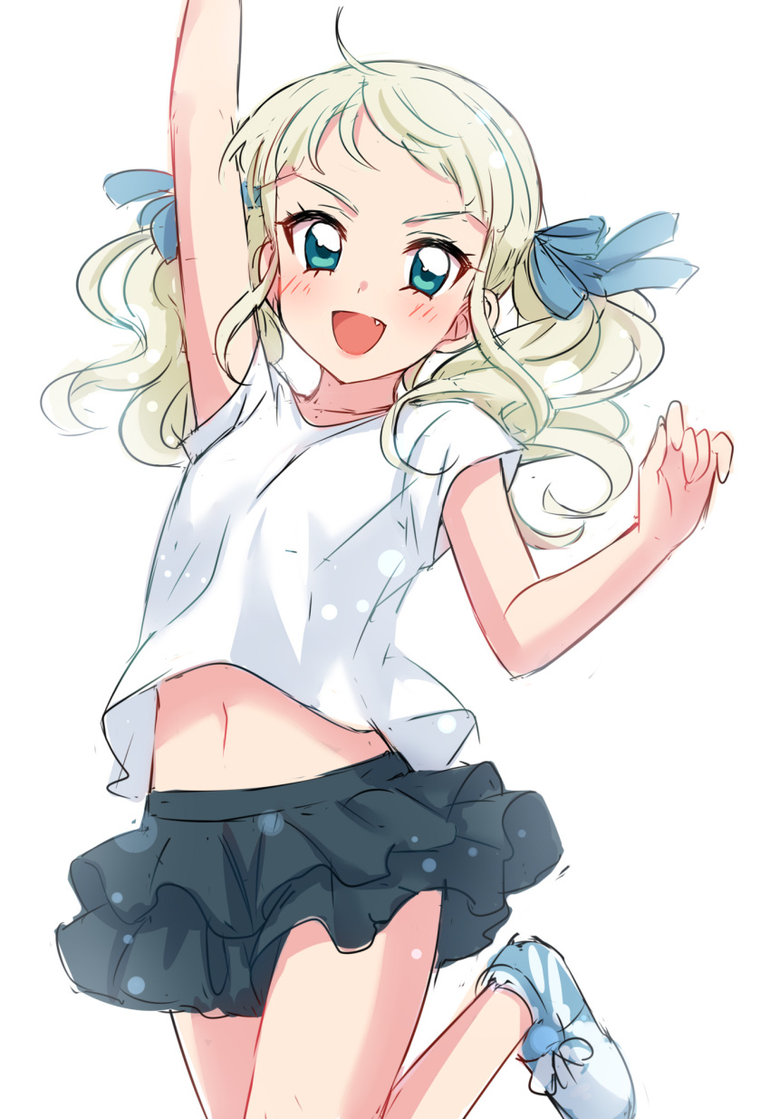 &gt;:d 1girl :d aikatsu! aqua_eyes arm_up bangs black_skirt blonde_hair blue_bow blush bow cowboy_shot fang hair_bow hand_up highres jumping looking_at_viewer medium_hair midriff navel open_mouth sekina shirt shoes short_sleeves simple_background sketch skirt smile solo standing standing_on_one_leg toudou_yurika twintails white_background white_shirt