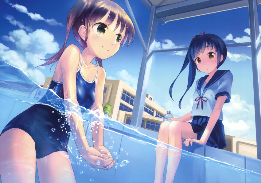 2girls absurdres blue_eyes blue_swimsuit brown_hair day highres huge_filesize multiple_girls original school_swimsuit swimsuit takoyaki_(roast)