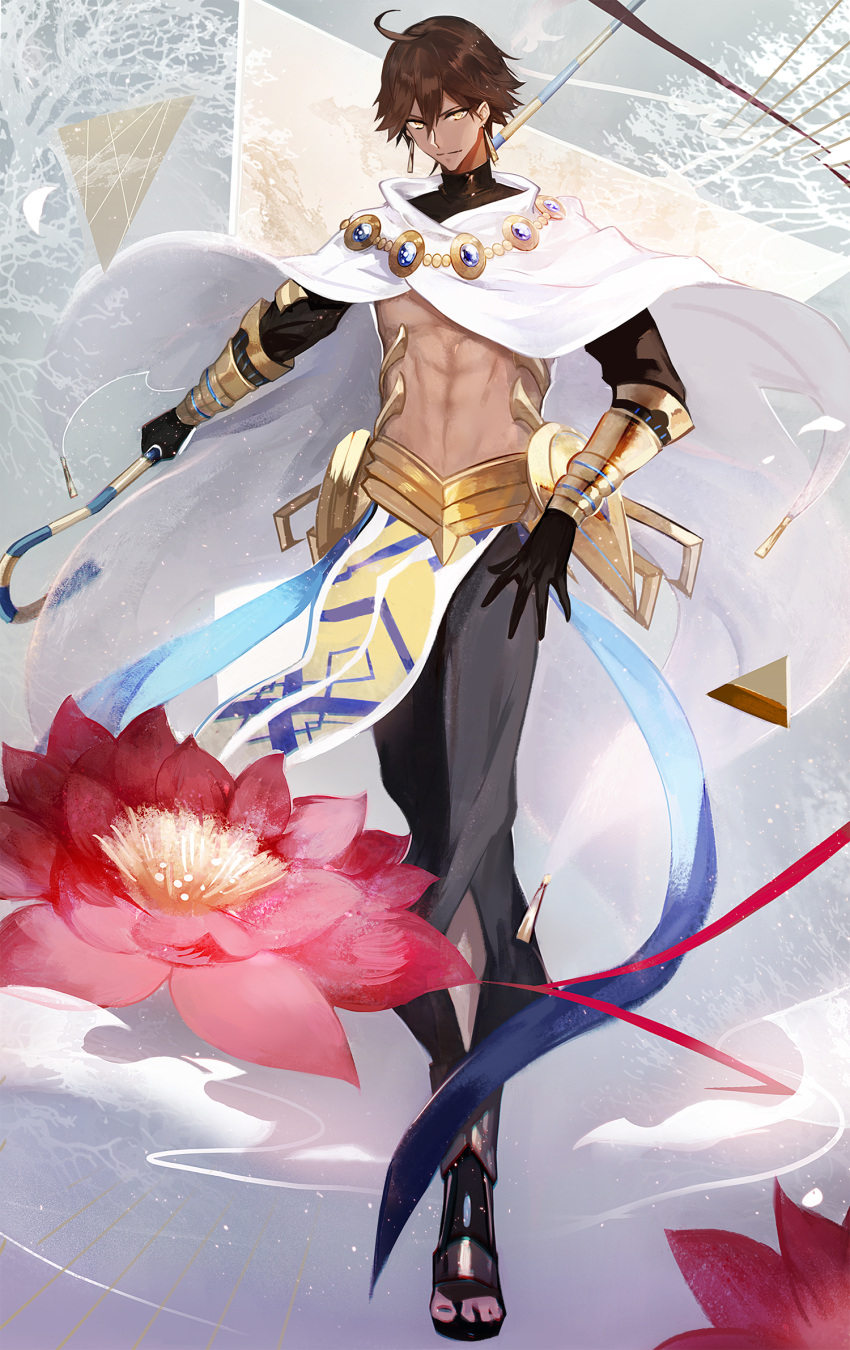 1boy abs ahoge bangs black_gloves brown_hair closed_mouth dark_skin earrings egyptian fate/prototype fate/prototype:_fragments_of_blue_and_silver fate_(series) full_body gloves hair_between_eyes highres holding holding_staff jewelry looking_at_viewer male_focus moemoe3345 pelvic_curtain pink_flower rider_(fate/prototype_fragments) sandals smile solo staff toeless_legwear toned toned_male yellow_eyes