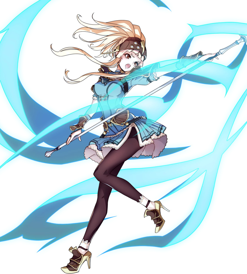 1girl arm_guards armor blonde_hair breasts brown_eyes clair_(fire_emblem) dress fire_emblem fire_emblem_echoes:_mou_hitori_no_eiyuuou fire_emblem_heroes full_body gloves helmet highres long_hair official_art open_mouth polearm ponytail short_dress shoulder_armor simple_background smile solo weapon