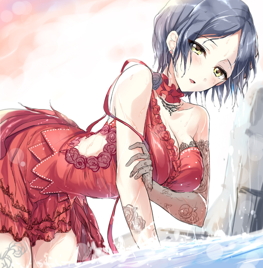 1girl arched_back bangs bare_shoulders black_rose blue_hair blush breasts cleavage collar dress earrings elbow_gloves flower frilled_collar frills gloves hayami_kanade highres idolmaster idolmaster_cinderella_girls idolmaster_cinderella_girls_starlight_stage jewelry lace lace-trimmed_dress leaning_forward medium_breasts oimo parted_bangs parted_lips red_dress ribbon rose short_hair solo thighs twilight water wet yellow_eyes