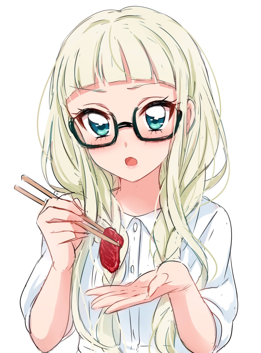 1girl :o aikatsu! aqua_eyes bangs blonde_hair blunt_bangs blush braid buttons chopsticks eyebrows_visible_through_hair food glasses hair_over_shoulder highres holding holding_chopsticks holding_food long_hair looking_at_viewer meat parted_lips sekina semi-rimless_glasses shirt simple_background sketch sleeves_rolled_up solo toudou_yurika under-rim_glasses upper_body white_background white_shirt