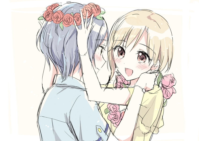 2girls aiba_yumi asymmetrical_hair bangs blonde_hair blue_hair blue_shirt blush bracelet brown_eyes flower flower_necklace hands_on_another's_head hands_on_another's_shoulders hayami_kanade head_wreath idolmaster idolmaster_cinderella_girls jewelry looking_at_another multiple_girls necklace oimo open_mouth parted_bangs rose shirt short_hair simple_background smile yellow_eyes yellow_shirt