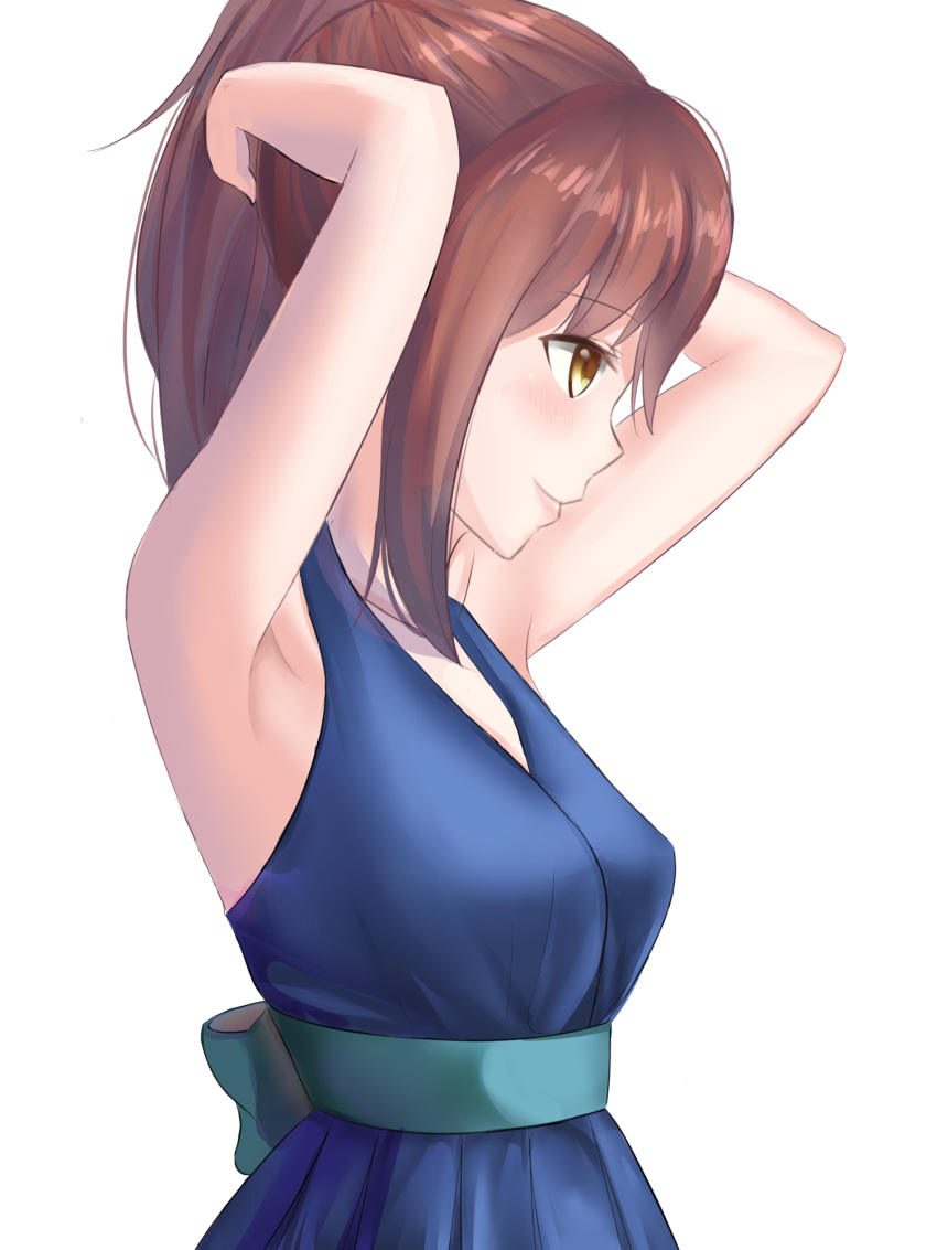 1girl adjusting_hair aoyama_nanami arms_behind_head blue_dress blush brown_hair dress from_side halterneck highres long_hair mizuha_(zxass0612) parted_lips ponytail sakura-sou_no_pet_na_kanojo sash sidelocks smile solo yellow_eyes