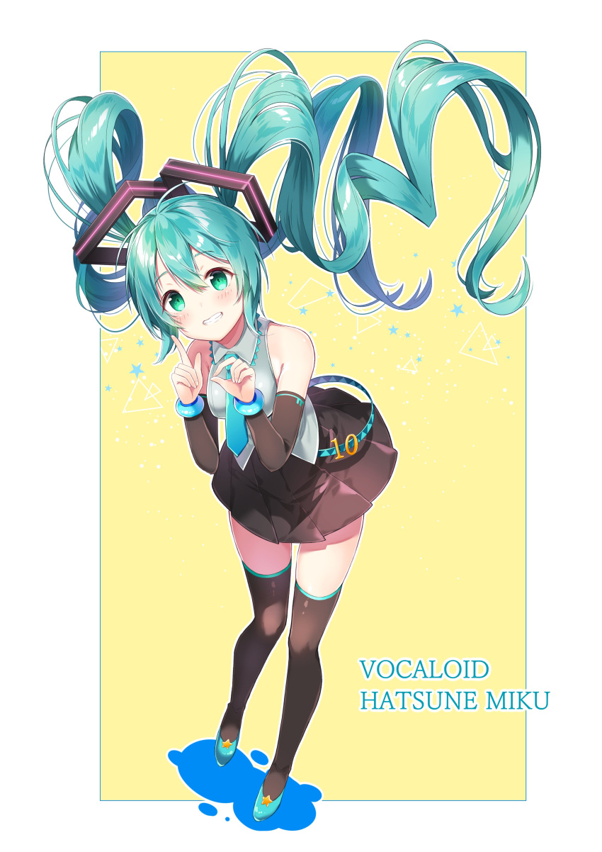 1girl absurdres aqua_hair bangs character_name chitetan commentary_request copyright_name detached_sleeves floating_hair full_body green_eyes grin hatsune_miku highres long_hair looking_at_viewer necktie skirt smile solo thigh-highs twintails very_long_hair vocaloid yellow_background