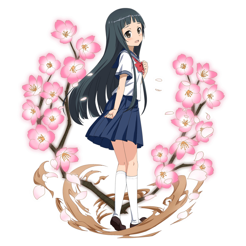 1girl bangs black_eyes black_hair blunt_bangs blush flower full_body highres kneehighs loafers long_hair official_art open_mouth petals pleated_skirt school_uniform serafuku shoes short_sleeves sidelocks skirt solo sword_art_online transparent_background white_legwear yui_(sao)