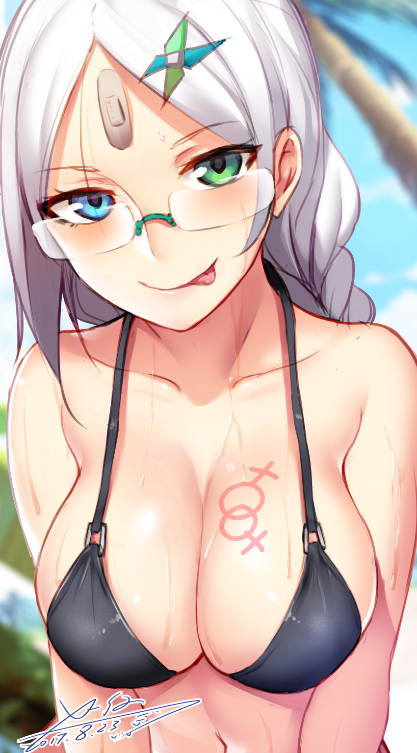 1girl :q absurdres blue_eyes breasts cleavage da glasses green_eyes heterochromia highres large_breasts long_hair looking_at_viewer original outdoors rimless_glasses silver_hair smile tongue tongue_out x-boy