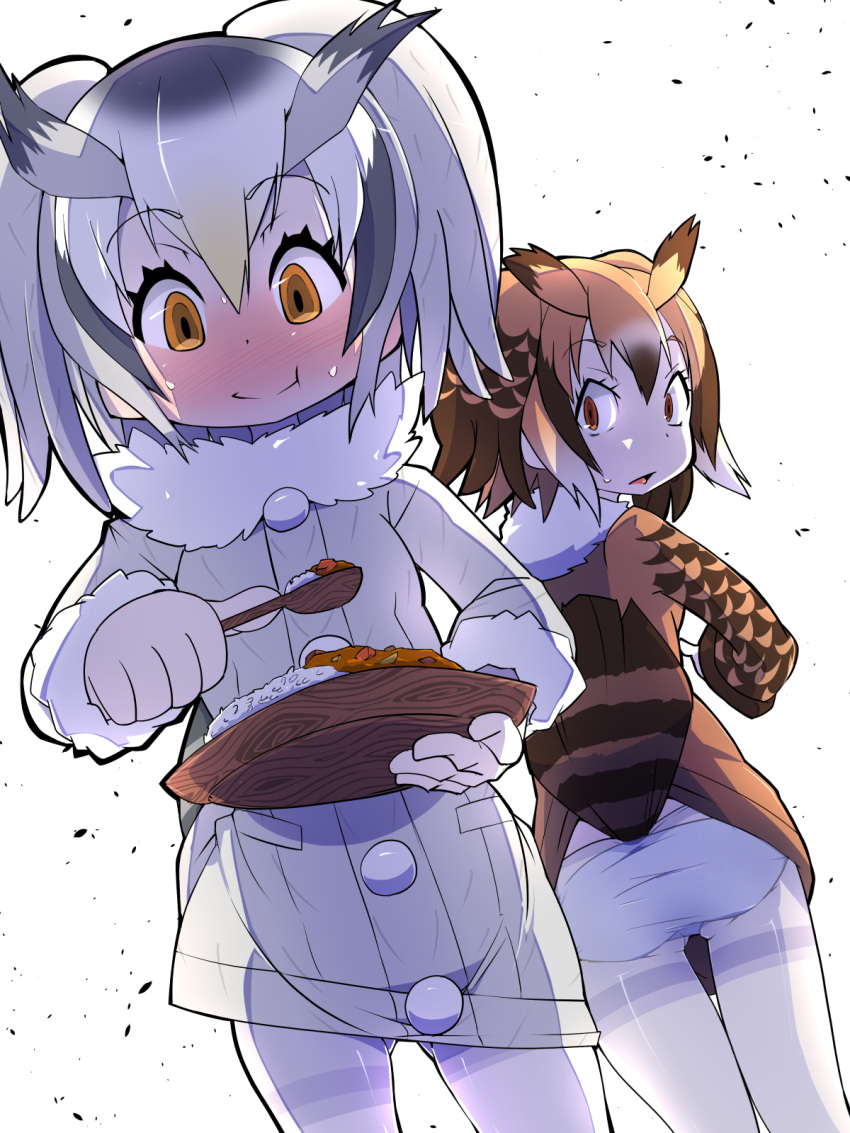 2girls back blush brown_eyes brown_hair buttons coat commentary_request curry curry_rice eating eurasian_eagle_owl_(kemono_friends) eyebrows_visible_through_hair food fur_collar grey_hair hair_between_eyes head_wings highres holding holding_spoon kemono_friends long_sleeves moyachii multicolored_hair multiple_girls northern_white-faced_owl_(kemono_friends) open_mouth panties pantyhose plate rice short_hair spoon sweat tail underwear white_hair wooden_spoon