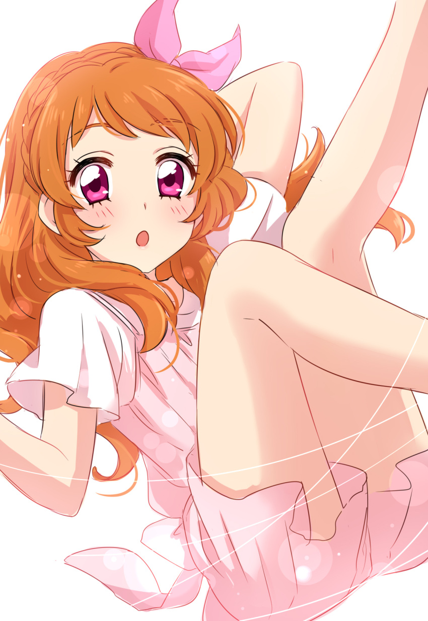 1girl :o aikatsu! bangs bare_legs blush bow dress eyebrows_visible_through_hair feet_out_of_frame hair_bow highres legs_up long_hair looking_at_viewer oozora_akari orange_hair parted_lips pink_bow pink_dress pink_eyes sekina short_sleeves simple_background solo tied_hair white_background