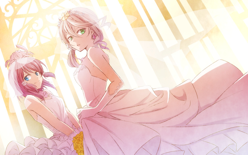 2girls alisha_diphda blue_eyes bouquet breasts bridal_veil brown_hair dress dutch_angel earrings elbow_gloves flower gloves green_eyes hair_between_eyes hair_flower hair_ornament holding holding_bouquet jewelry long_hair looking_at_viewer looking_back medium_breasts mishiro_(andante) multiple_girls redhead ring rose_(tales) sideboob skirt_hold sleveless_dress smile standing striped striped_dress tales_of_(series) tales_of_zestiria veil wedding_dress wedding_ring white_dress white_flower white_gloves yellow_flower