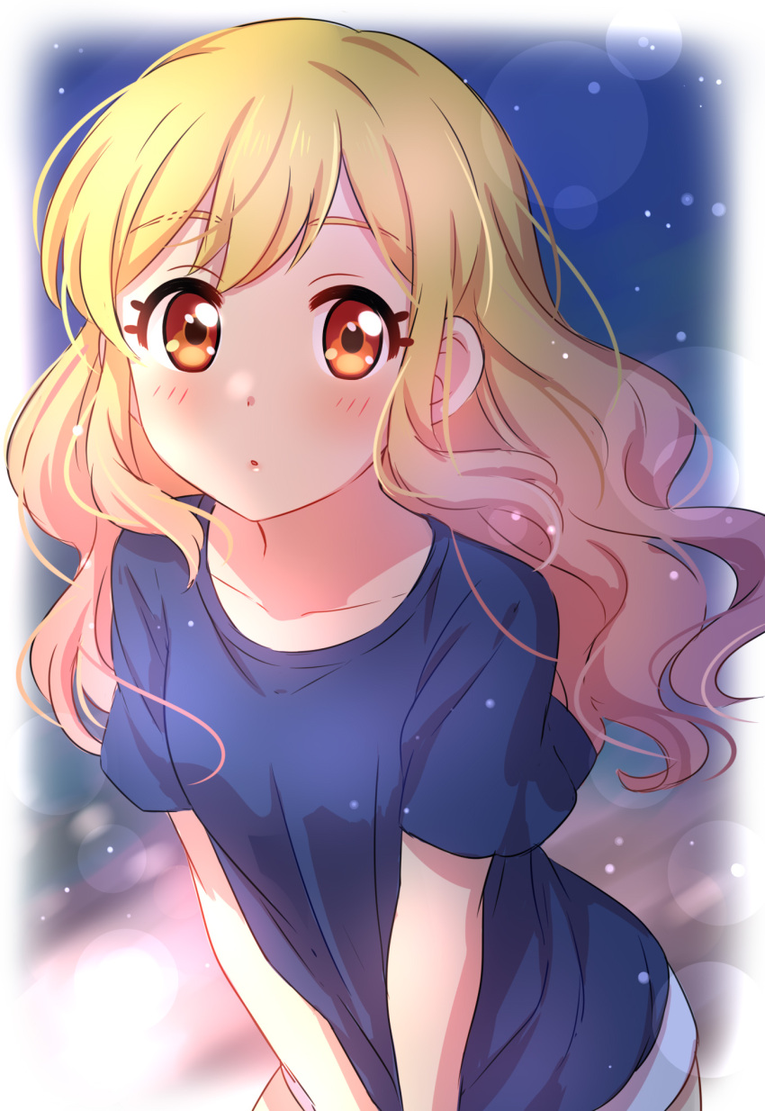 1girl aikatsu! aikatsu_stars! bangs blonde_hair blue_background blue_shirt blush breasts brown_eyes collarbone eyebrows_visible_through_hair highres long_hair looking_at_viewer nijino_yume parted_lips sekina shirt short_sleeves small_breasts solo upper_body