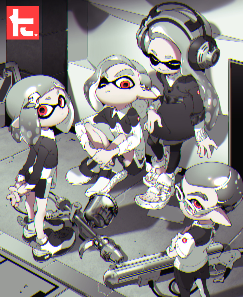 absurdres arms_behind_back bike_shorts character_request closed_eyes closed_mouth glasses headphones highres indian_style inkling looking_at_viewer one_eye_closed pants pointy_ears red_eyes sandals shoes sitting sneakers splatoon splatoon_2 spot_color standing tagme thick_eyebrows yoneyama_mai