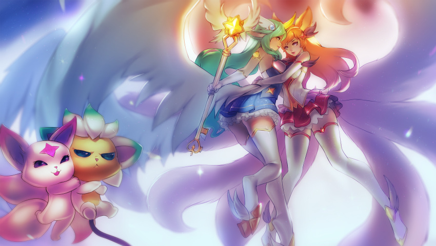 2girls ahri angel_wings animal_ears familiar fox_ears fox_girl fox_tail full_body green_eyes green_hair highres horns hug league_of_legends long_hair looking_at_viewer looking_back magical_girl multiple_girls orange_hair skirt soraka staff star_guardian_ahri star_guardian_soraka tail thigh-highs violet_eyes wings zettai_ryouiki