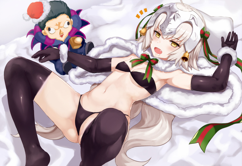 /\/\/\ 1girl :o ahoge armpits ass bandeau bangs bell bikini black_bikini black_gloves black_legwear blush bow bowtie breasts capelet caster_(fate/zero) character_doll christmas drooling elbow_gloves eyebrows eyebrows_visible_through_hair fang fate/grand_order fate_(series) gloves hair_bow hair_ribbon hat headpiece jeanne_alter jeanne_alter_(santa_lily)_(fate) jilllxlxl knees_up long_hair looking_at_viewer lying navel no_shoes on_back ribbon ruler_(fate/apocrypha) santa_hat shadow skindentation small_breasts solo spread_legs stomach striped striped_bow striped_bowtie swimsuit thigh-highs thong_bikini under_boob very_long_hair white_hair wrist_cuffs yellow_eyes