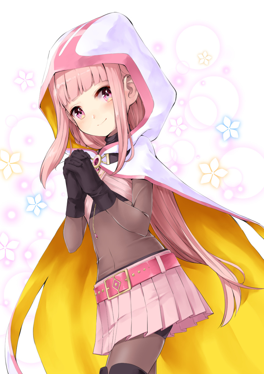 1girl bike_shorts black_gloves bodystocking cape cloak closed_mouth covered_navel gloves highres hood hood_up hooded_cloak interlocked_fingers long_hair looking_at_viewer magia_record:_mahou_shoujo_madoka_magica_gaiden mahou_shoujo_madoka_magica pink_eyes pink_skirt rin2008 shorts_under_skirt skirt smile solo standing tamaki_iroha