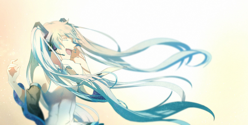 1girl blue_hair blue_nails blue_necktie closed_eyes detached_sleeves floating_hair from_side hair_ornament hand_in_hair hatsune_miku headphones highres long_hair microphone nail_polish necktie open_mouth shirt simple_background sleeveless sleeveless_shirt smile solo twintails upper_body very_long_hair vocaloid white_background white_shirt