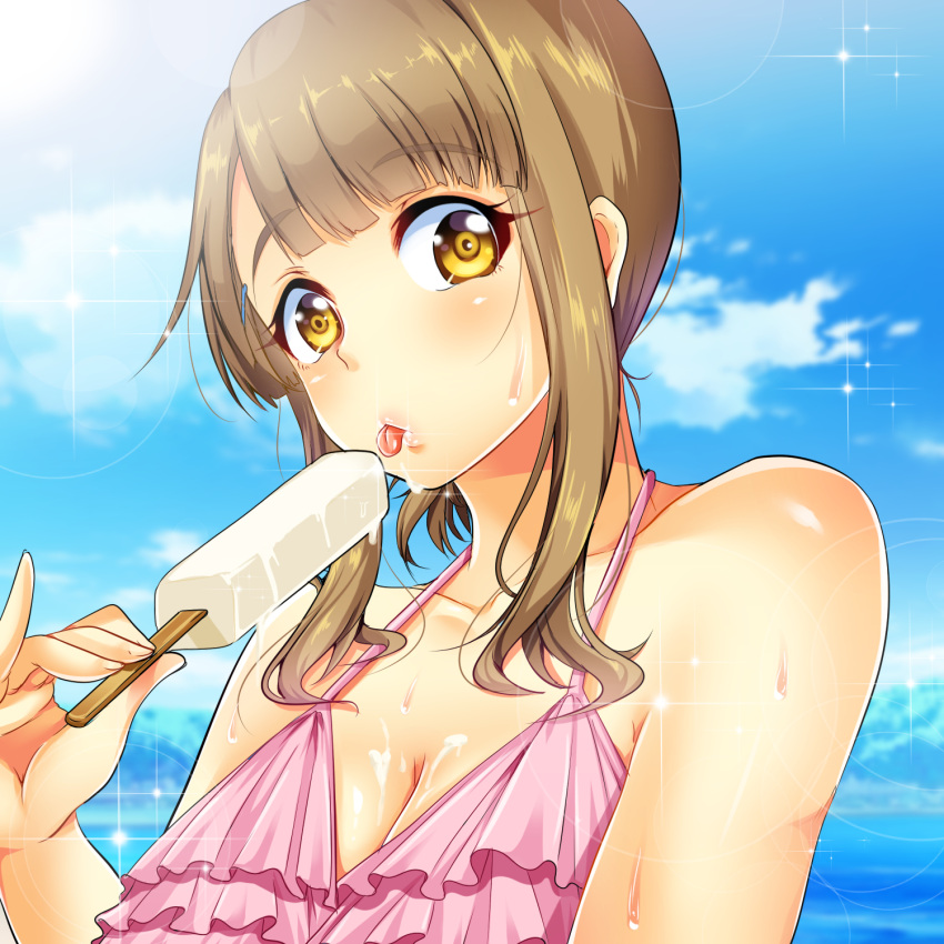 1girl bangs bikini blunt_bangs breasts brown_hair clouds dripping eating eyebrows_visible_through_hair food food_on_body frilled_bikini frills highres ice_cream kannagi_shiori lens_flare long_hair looking_at_viewer medium_breasts pink_bikini pinky_out school_girl_strikers sendou_hachi sky solo sparkle sweat swimsuit tongue tongue_out upper_body yellow_eyes