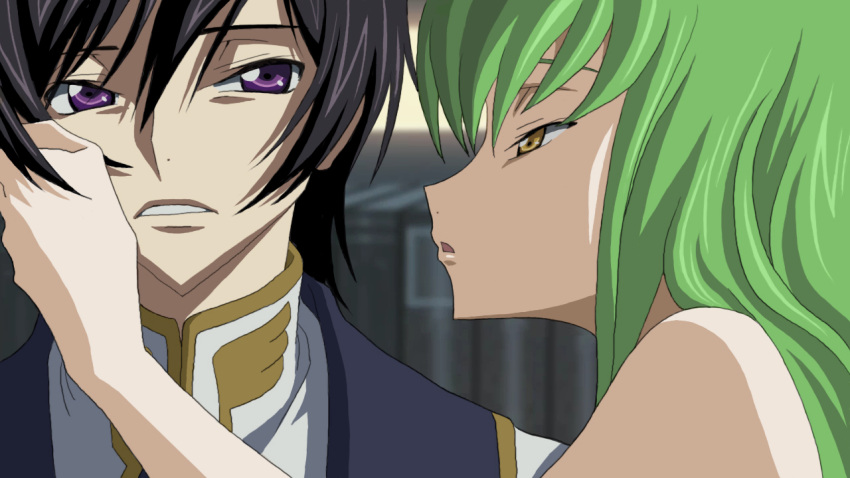 1boy 1girl black_hair c.c. code_geass green_hair hair_between_eyes lelouch_lamperouge llszsz open_mouth parted_lips portrait violet_eyes waiting_for_kiss yellow_eyes