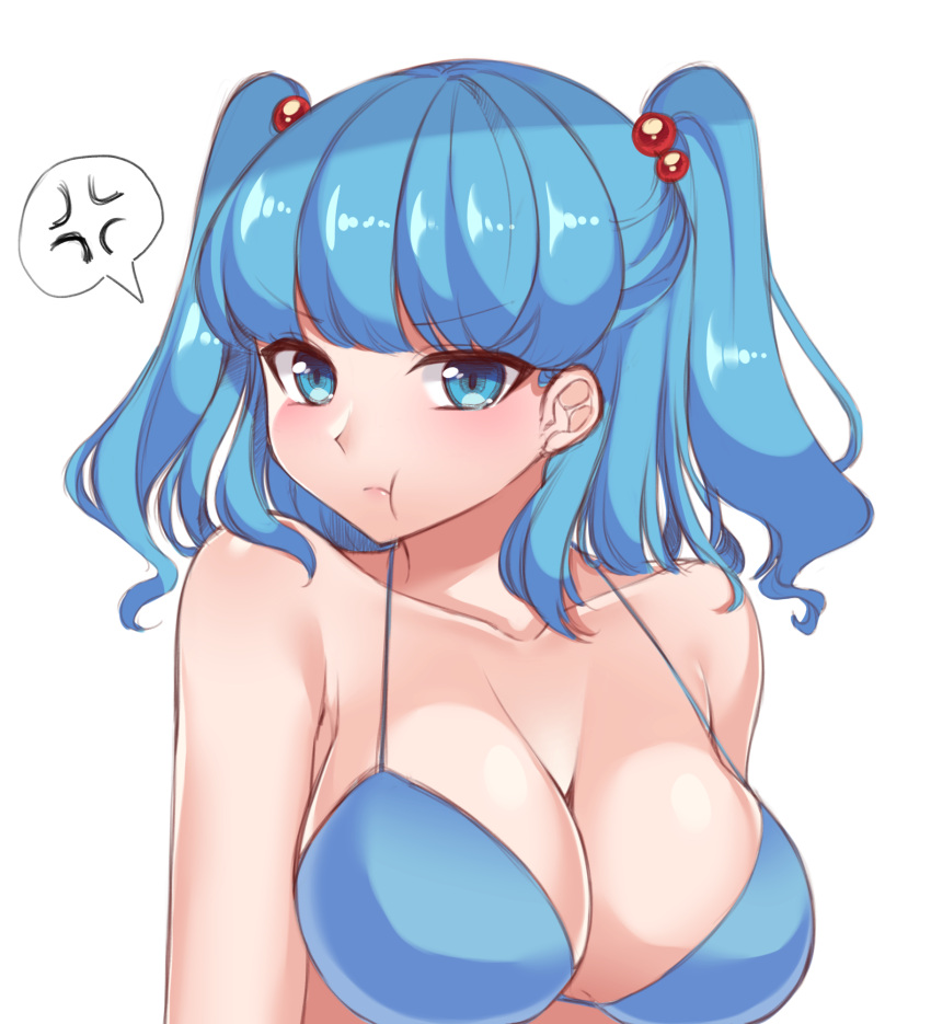 1girl anger_vein bangs blue_bikini_top blue_eyes blue_hair breasts cleavage closed_mouth eyebrows_visible_through_hair gem_oblivion hair_bobbles hair_ornament halter_top halterneck highres kawashiro_nitori large_breasts looking_at_viewer pout simple_background solo spoken_anger_vein touhou twintails upper_body white_background