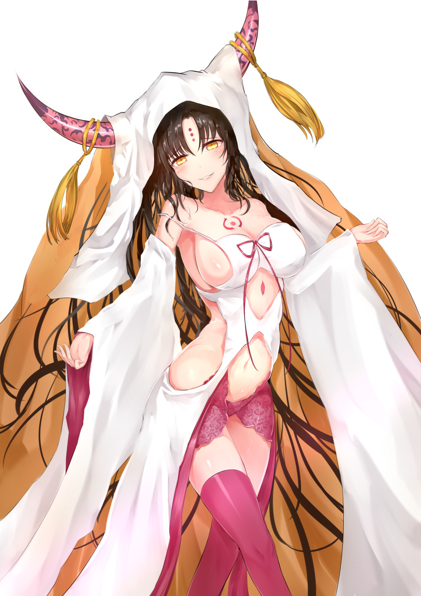 1girl absurdres armpits artist_request bare_shoulders black_hair blush breasts cleavage cowboy_shot detached_sleeves facial_mark fate/extra fate/extra_ccc fate_(series) forehead_mark highres horns large_breasts long_hair long_sleeves looking_at_viewer navel parted_lips pink_legwear revealing_clothes sesshouin_kiara sideboob smile solo stomach thigh-highs veil very_long_hair wide_sleeves yellow_eyes