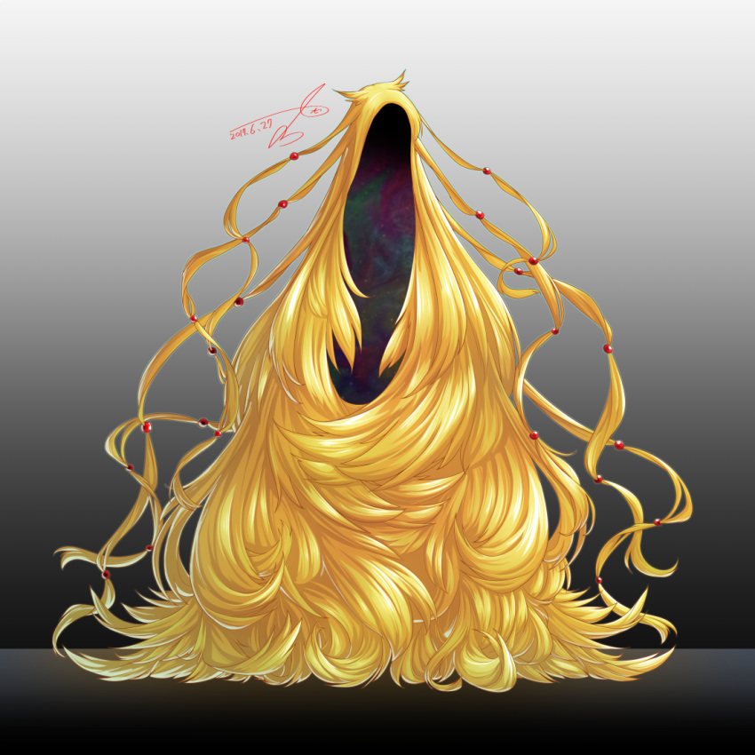 absurdly_long_hair artist_request artist_signature beads blonde_hair cthulhu_mythos dated faceless gradient gradient_background hair_beads hair_ornament king_in_yellow long_hair very_long_hair