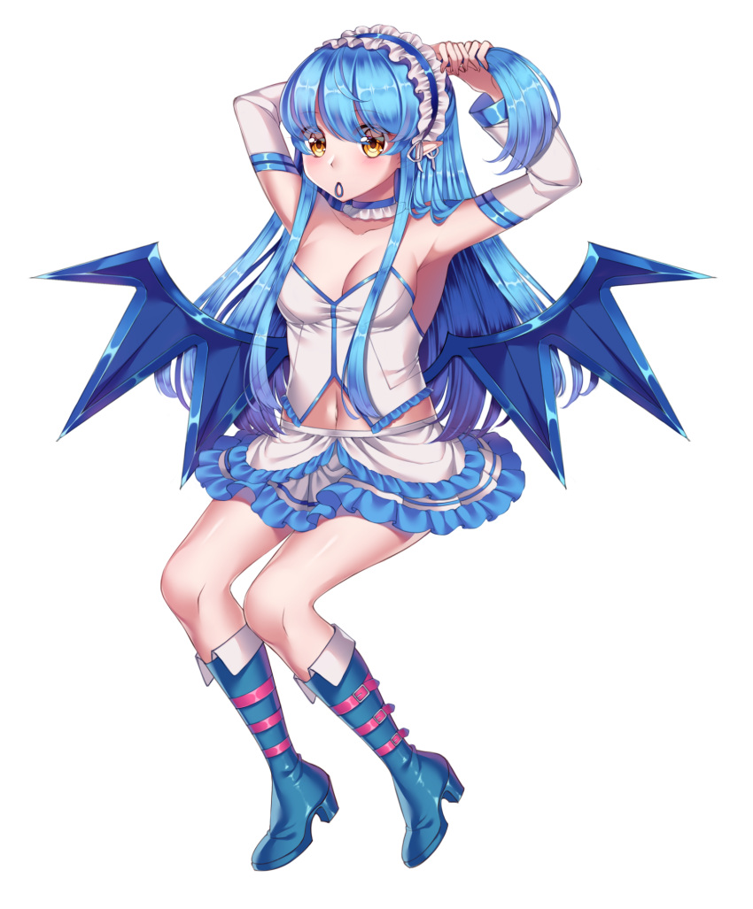 1girl armpits arms_up bangs blue_boots blue_hair blue_wings boots breasts choker cleavage detached_sleeves elf eyebrows_visible_through_hair full_body gem_oblivion headdress highres long_hair long_sleeves looking_at_viewer medium_breasts mouth_hold navel original pointy_ears sidelocks simple_background skirt solo tying_hair white_background wings yellow_eyes